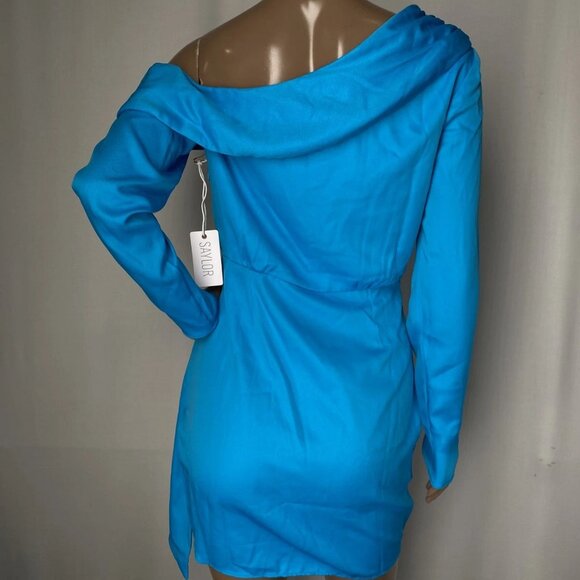 NEW SAYLOR Kirstie One-Shoulder Draped Satin Mini Dress Cerulean Blue Size S - Picture 7 of 10